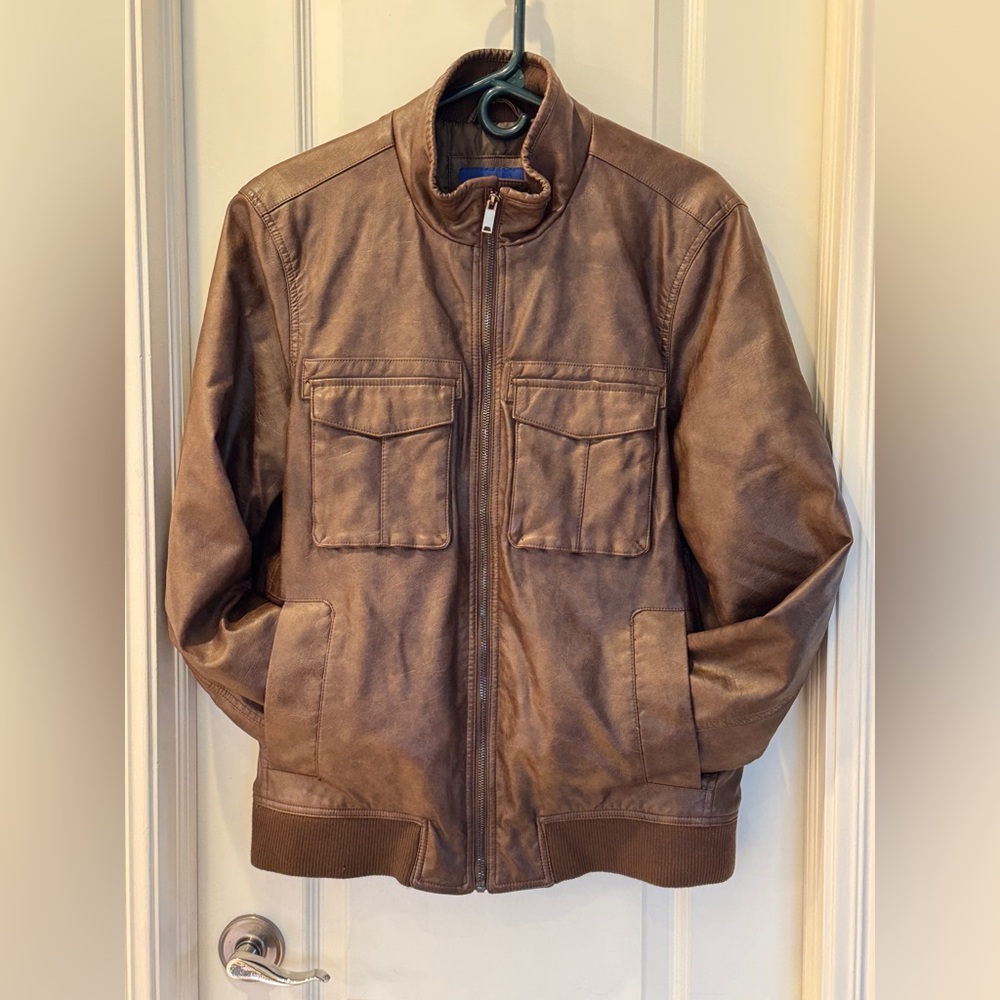 Apt 9 Brown Faux Leather Zip Jacket Men’s Medium Ribbed Hem Casual Moto Style